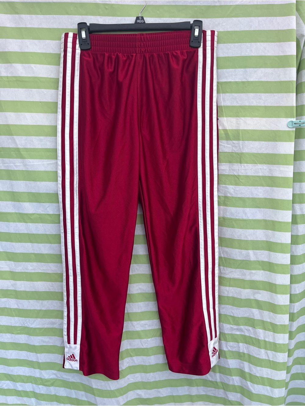 Vintage adidas Kids Burgundy Satin Snap on Sweatpants with White Side Stripes